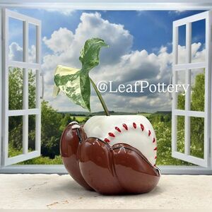 Baseball Glove Brown/White/Red Ceramic Planter without drainage hole